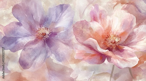 A delicate watercolor painting featuring soft pink and purple flowers, creating a serene and dreamy atmosphere.