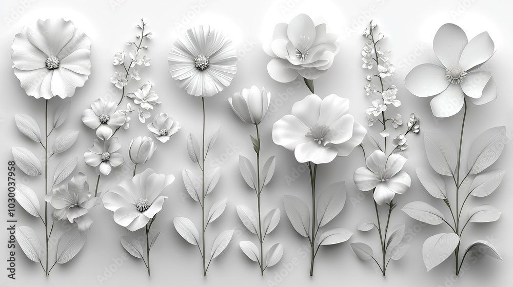 A 3D concept drawing of a set of flowers. A 3D concept drawing of a set of flowers.