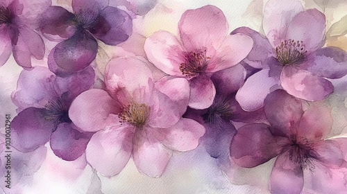 Wallpaper Mural A soft, watercolor depiction of purple flowers, blending shades of lilac and lavender, creating a serene and artistic floral composition. Torontodigital.ca