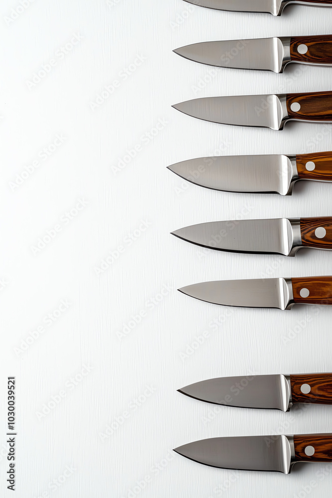 Knives arranged in a row, white isolated background Knives arranged in a row, white isolated background