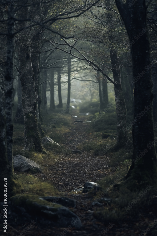 Fototapeta premium Mysterious forest path disappearing into the mist, shrouded in an ethereal glow.