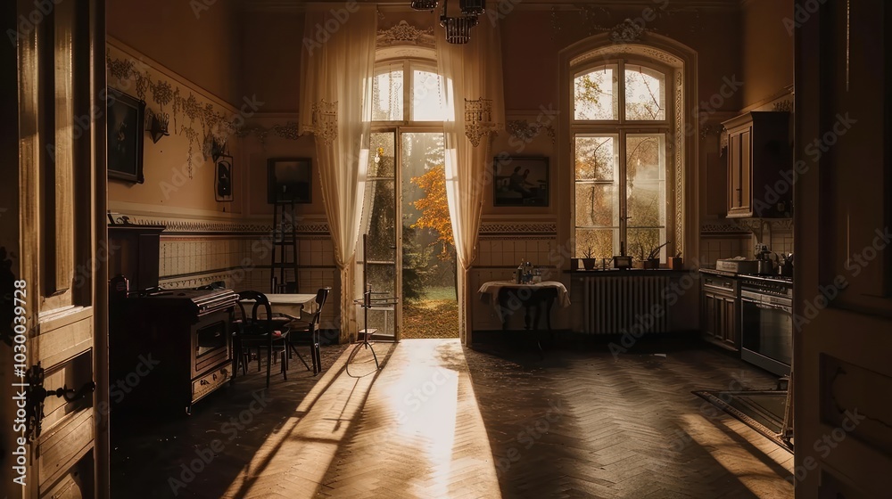 Sunlight Streaming Through Windows in a Rustic Kitchen Sunlight Streaming Through Windows in a Rustic Kitchen