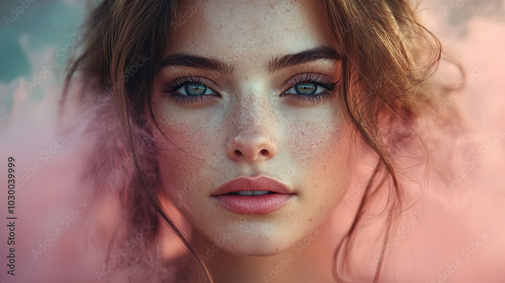 A beautiful woman's face with pink smoke in the background creates an isolated effect. A beautiful woman's face with pink smoke in the background creates an isolated effect.