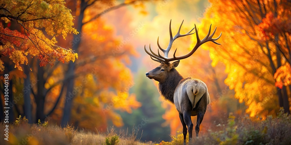 In a colorful autumn forest, a majestic bull elk showcases its ...