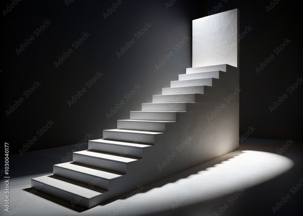 Abstract Night Photography of White Ascending Stairs in a Dark Room, 3D Illustration with High Contrast, Minimalist Design, Surreal Atmosphere, and Intriguing Shadows Abstract Night Photography of White Ascending Stairs in a Dark Room, 3D Illustration with High Contrast, Minimalist Design, Surreal Atmosphere, and Intriguing Shadows