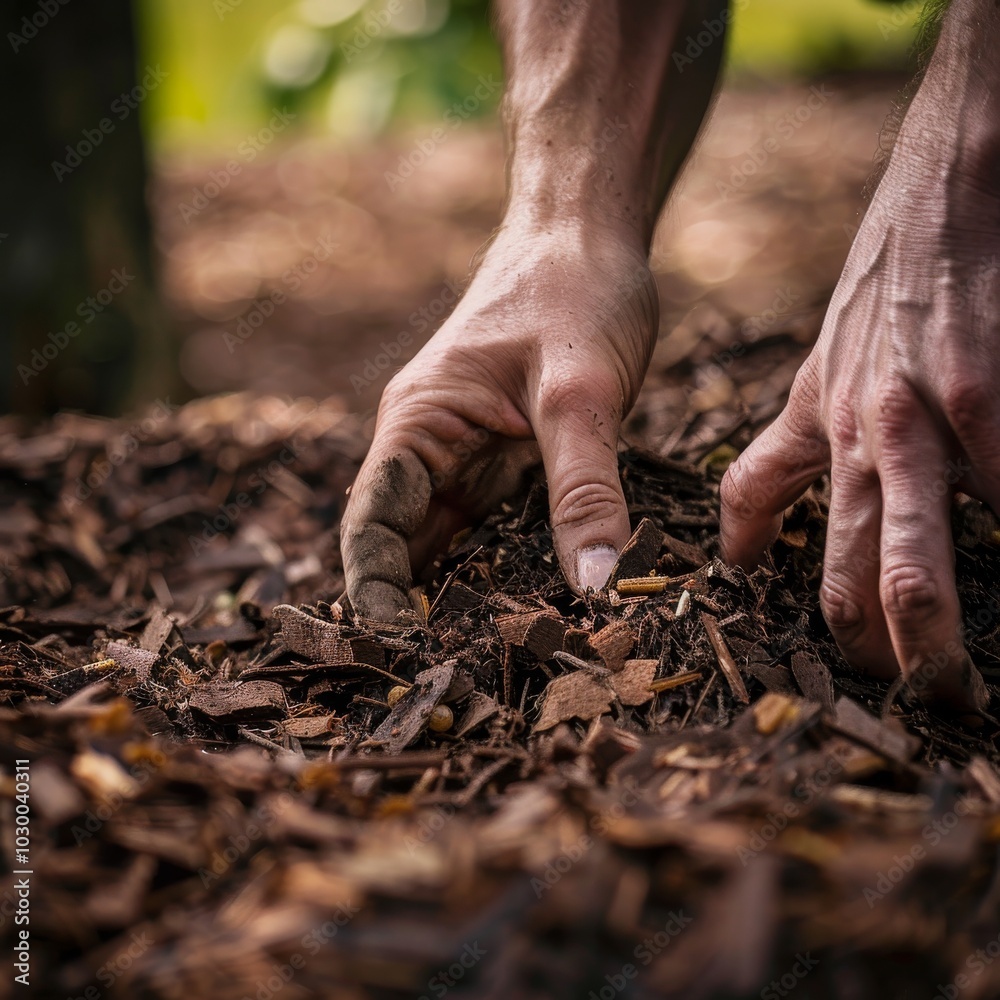 Hands mulching soil with bark chips in garden, mulch closeup, crushed wood pieces, copy space