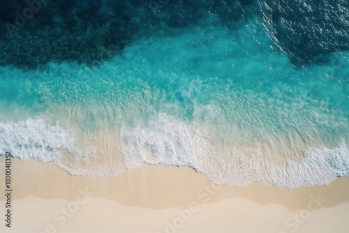 Scenic overhead perspective of untouched beachfront with sea surf, perfect setting for summer vacations and marketing material featuring space for text or product display