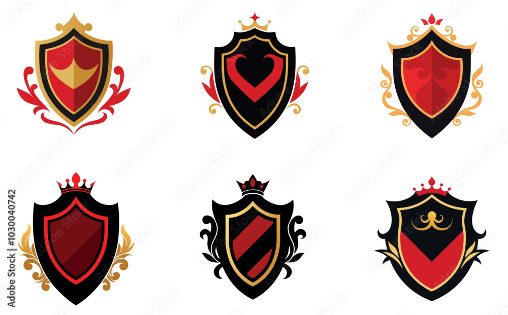 6 set Regal crest featuring a central red and black shield surrounded by ornate golden scroll work logo icon vector art illustration 6 set Regal crest featuring a central red and black shield surrounded by ornate golden scroll work logo icon vector art illustration