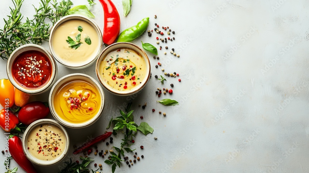 Fresh Dipping Sauces in Bowls with Vegetables Fresh Dipping Sauces in Bowls with Vegetables