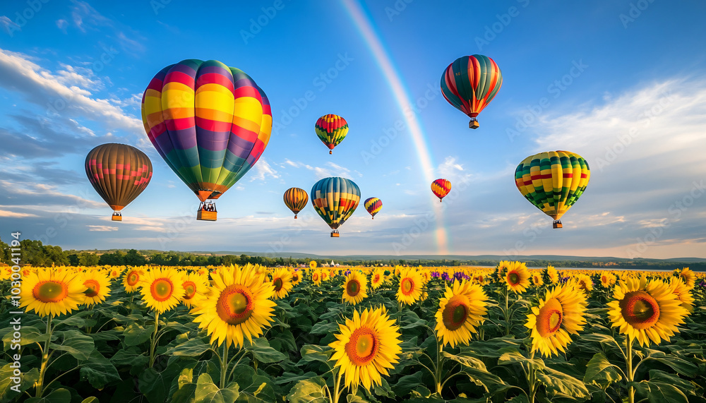 Fototapeta premium Dozens of colorful hot air balloons float above rolling sunflower fields under a bright blue sky, with a rainbow stretching across the horizon and the balloons' reflections shimmering in a nearby lake