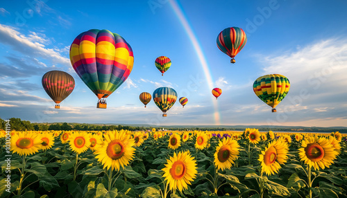 Dozens of colorful hot air balloons float above rolling sunflower fields under a bright blue sky, with a rainbow stretching across the horizon and the balloons' reflections shimmering in a nearby lake