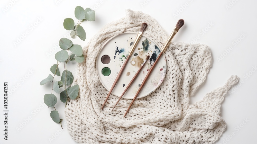 A white palette with paint, three paintbrushes, and a eucalyptus branch lay on a white knitted fabric. A white palette with paint, three paintbrushes, and a eucalyptus branch lay on a white knitted fabric.