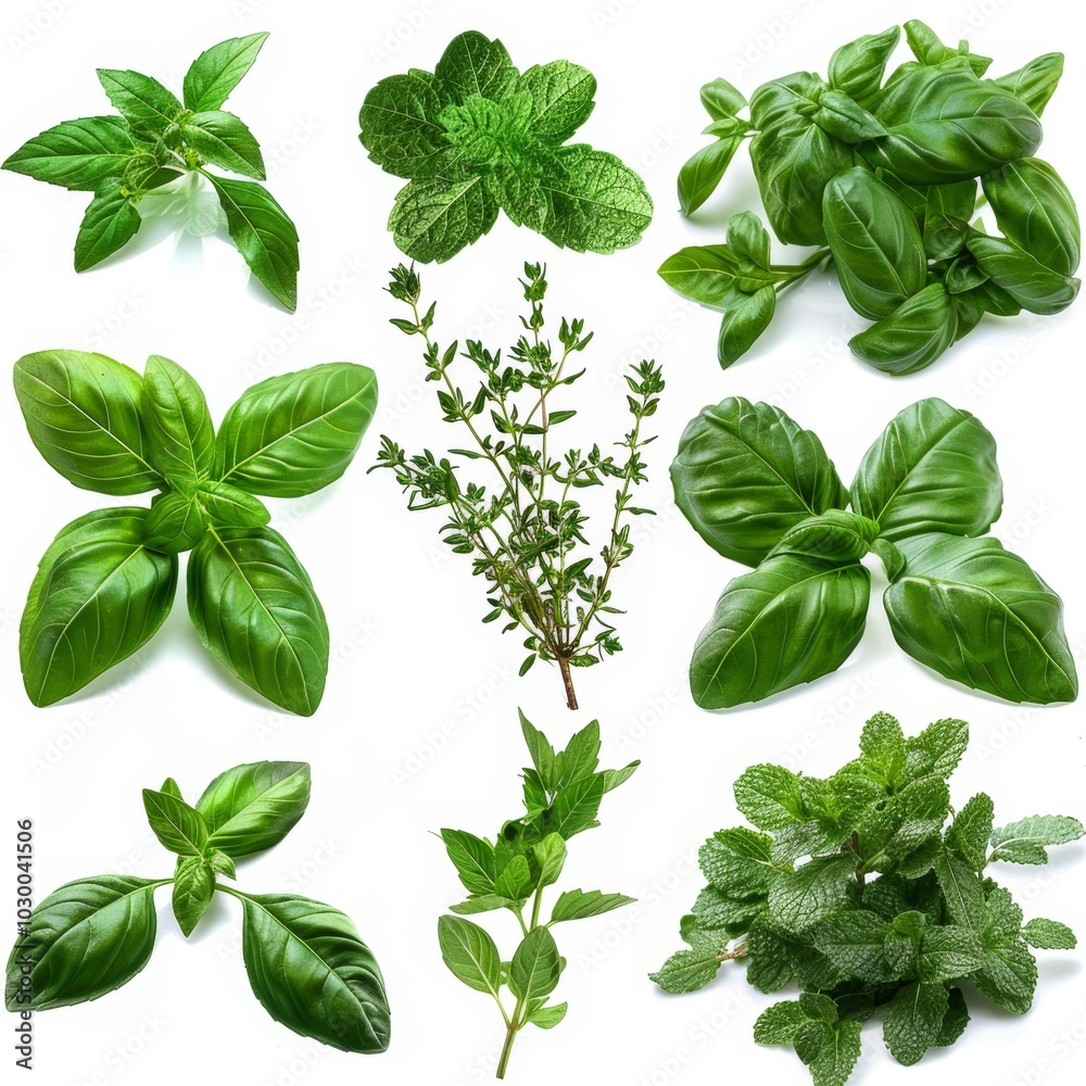 Fresh herbs set isolated, parsley, basil leaves, thyme, mint seasoning, raw green condiment sprig collection Fresh herbs set isolated, parsley, basil leaves, thyme, mint seasoning, raw green condiment sprig collection