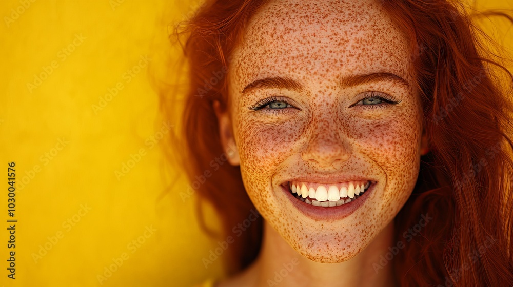 Joyful Freckled Model in Summer Attire Smiling Brightly Joyful Freckled Model in Summer Attire Smiling Brightly