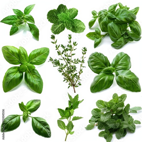 Fresh herbs set isolated, parsley, basil leaves, thyme, mint seasoning, raw green condiment sprig collection