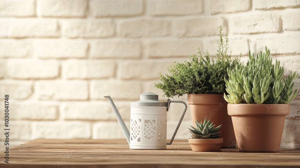 A white watering can sits on a wooden table next to three potted succulents in front of a white brick wall. A white watering can sits on a wooden table next to three potted succulents in front of a white brick wall.