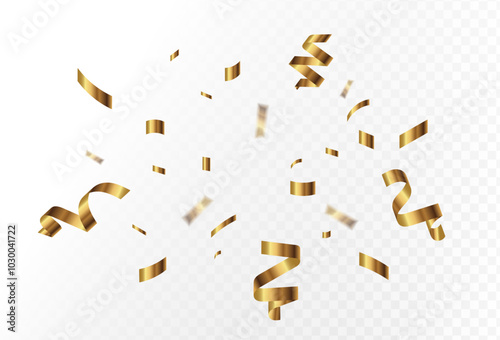 Gold confetti and ribbon streamers falling on a transparent background. blurred. Big and small,abstract frame,Vector. eps 10	