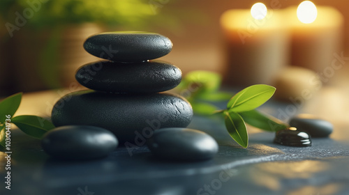 A stack of black stones on a table