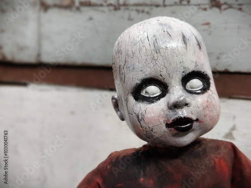 Scary horror doll Creepy doll Halloween concept, Close up of Ghost doll mystic in abandoned places background