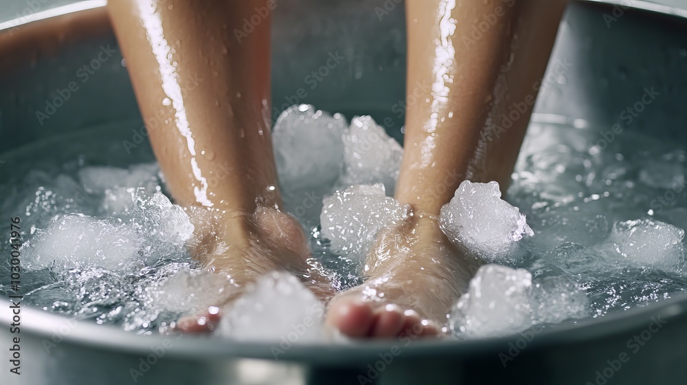 Fototapeta premium Woman Soaking Ankles in Ice Water Tub