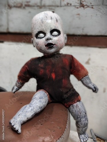 Scary horror doll Creepy doll Halloween concept, Close up of Ghost doll mystic in abandoned places background