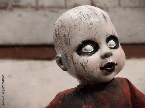 Scary horror doll Creepy doll Halloween concept, Close up of Ghost doll mystic in abandoned places background