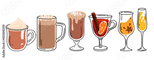 Set of linear drinks. Collection of winter and autumn hot drinks isolated on white background. Mulled wine and champagne
