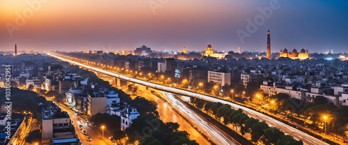 A vibrant night view of Delhi, with the city's skyline illuminated by glowing streetlights and modern buildings. In the distance, iconic landmarks like India Gate and Qutub Minar are subtly lit,