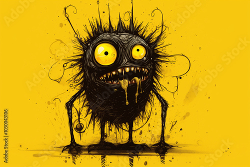 Furry black cartoon monster drooling on a yellow background