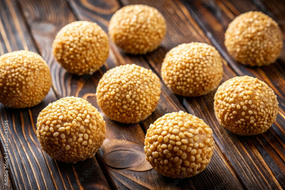 Aerial View of Golden Sesame Balls with Crunchy Exterior and Soft Chewy Centers, Highlighting Their Tempting Sweetness and Glistening Sesame Seed Coating Aerial View of Golden Sesame Balls with Crunchy Exterior and Soft Chewy Centers, Highlighting Their Tempting Sweetness and Glistening Sesame Seed Coating