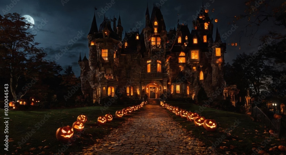 A haunted Halloween-themed castle with eerie lights in the windows A haunted Halloween-themed castle with eerie lights in the windows