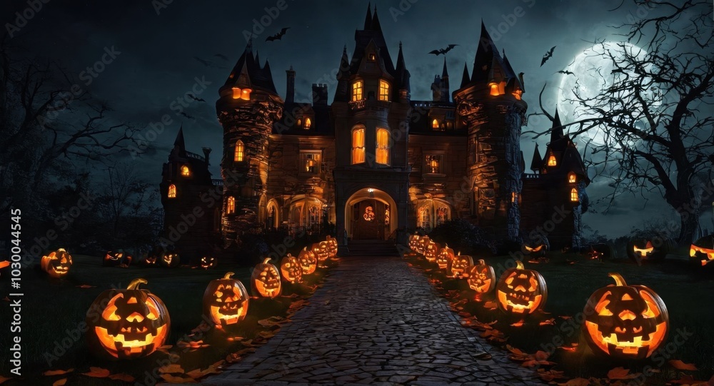 A haunted Halloween-themed castle with eerie lights in the windows A haunted Halloween-themed castle with eerie lights in the windows
