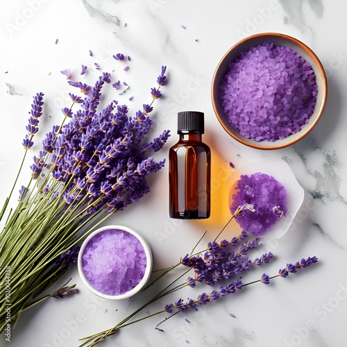 Minimalist flat lay of lavender essential oil fresh lavender sprigs and bath salts on white marble background
