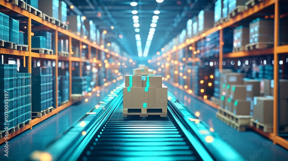 Futuristic Warehouse with Conveyor Belt and Stacks of Cardboard Boxes in Dimly Lit Industrial Setting Futuristic Warehouse with Conveyor Belt and Stacks of Cardboard Boxes in Dimly Lit Industrial Setting