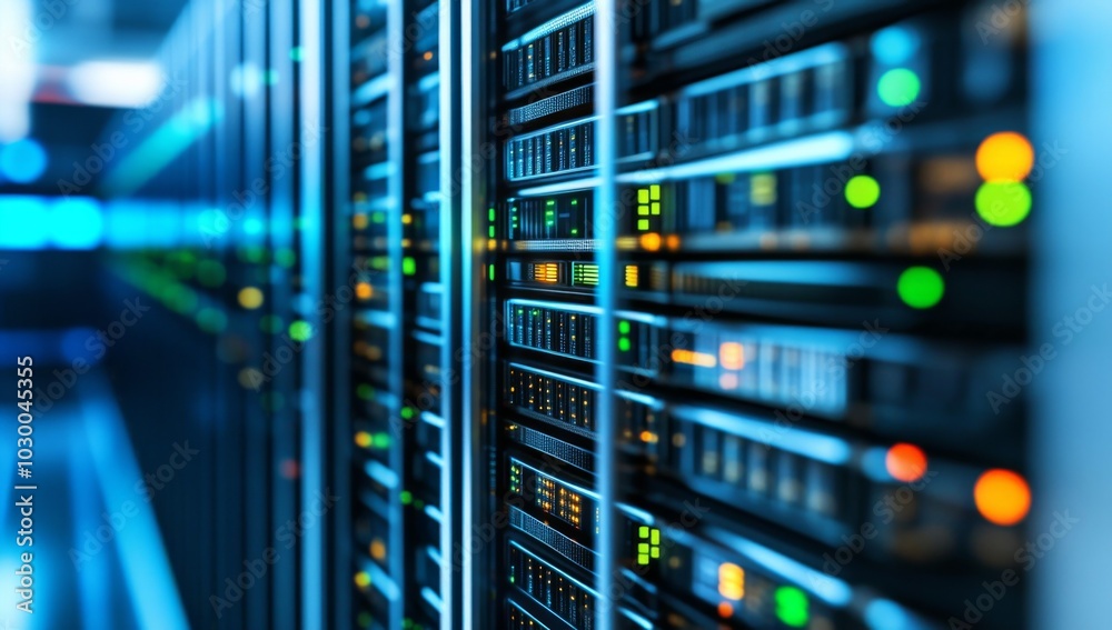 Neatly arranged servers in data center with color display screens, connected by cables in a bright, modern setting. Neatly arranged servers in data center with color display screens, connected by cables in a bright, modern setting.