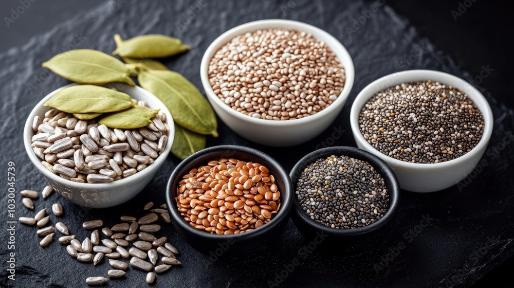 Assortment od healthy seeds - sesame, flax seed, sunflower seeds, pumpkin seed, chia and black seed in bowls on a black stone background. Assortment od healthy seeds - sesame, flax seed, sunflower seeds, pumpkin seed, chia and black seed in bowls on a black stone background.