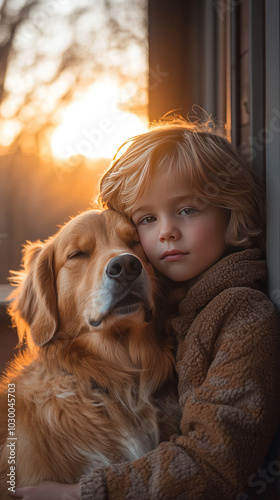 A cute boy and his dog cuddled up together on the porch, the sun setting behind them, creating a warm, happy scene photo