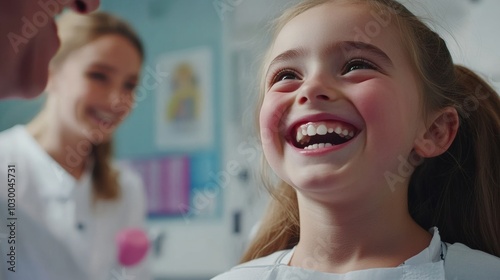 A young girl smiles brightly at a caring doctor in a colorful clinic. Joyful moments create lasting bonds in healthcare settings.