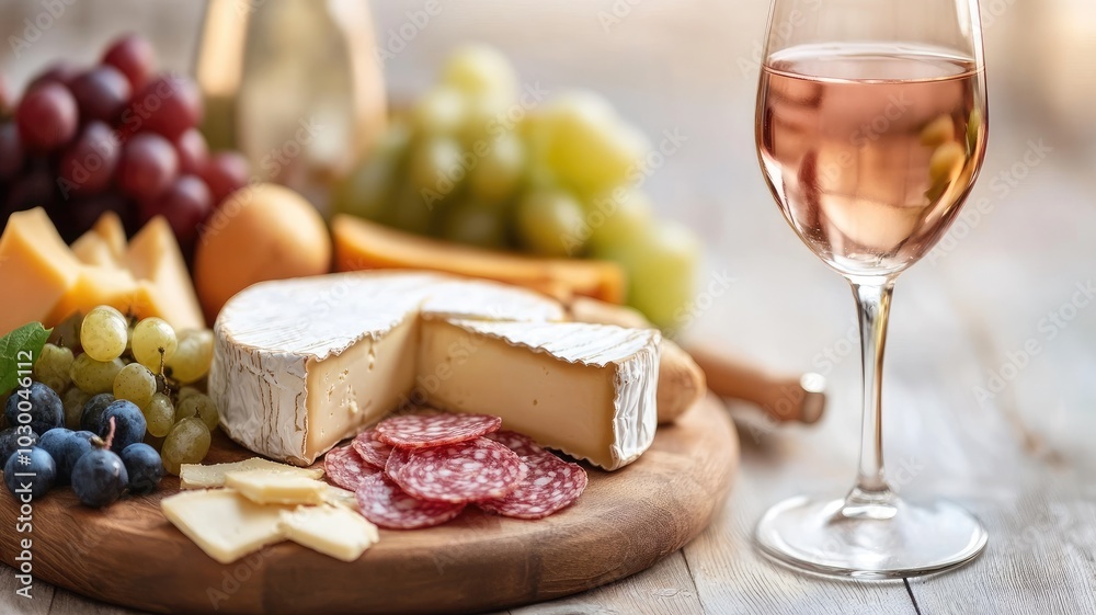 Charcuterie board with cheese, grapes, and meat slices, paired glass of rose wine Charcuterie board with cheese, grapes, and meat slices, paired glass of rose wine