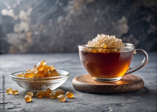 Asian Grape Sugar Nabat with Tea on Grey Background - Rock Candy Delight for Sweet Indulgence and Refreshing Moments photo