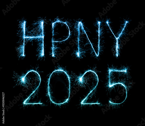 2025 (HPNY) happy new year fireworks celebration written sparkling at night
