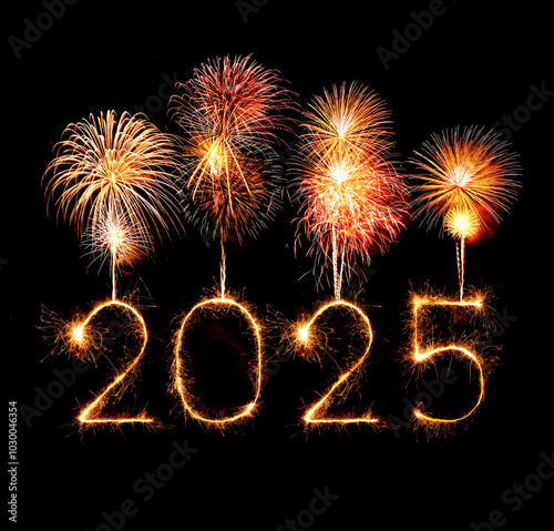 2025 happy new year fireworks celebration written sparkling at night