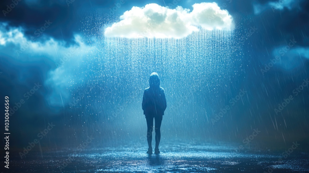 Person standing under cloud in rain, surrounded by darkness and blue light Person standing under cloud in rain, surrounded by darkness and blue light