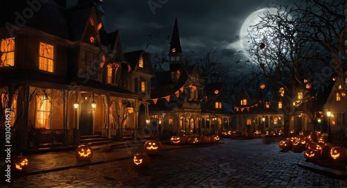 A haunted Halloween-themed village square with glowing jack-o'-lanterns, cobwebs, and dark, eerie shadows.