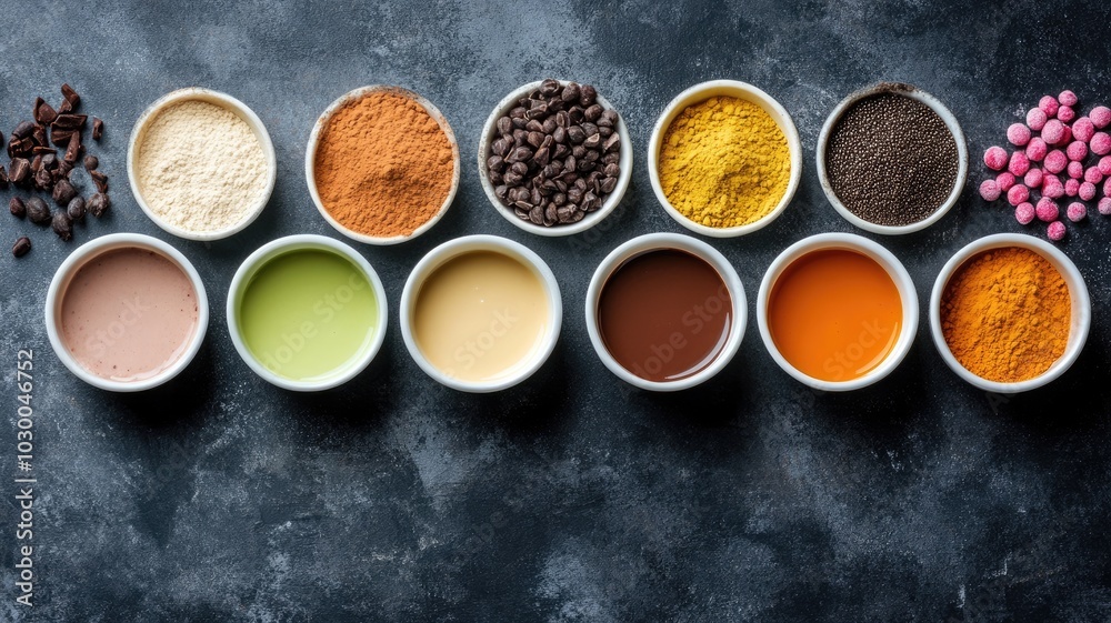 Various colorful spices and powders in bowls on dark surface Various colorful spices and powders in bowls on dark surface