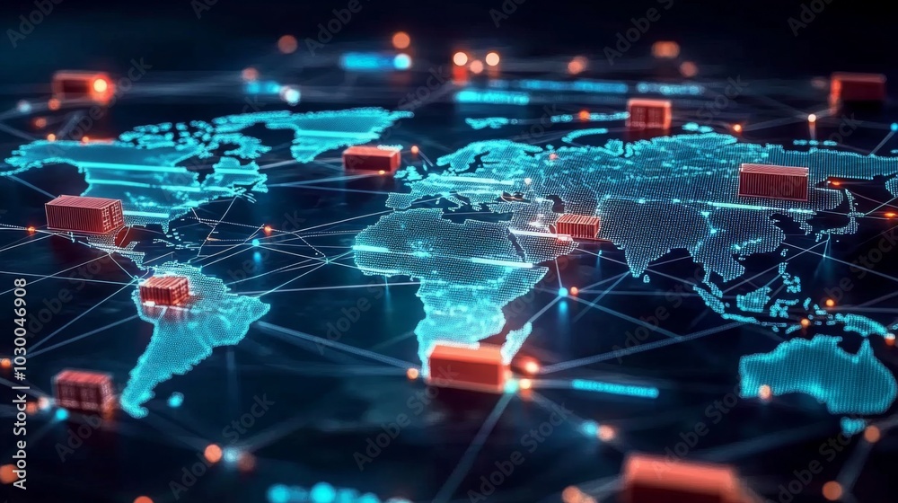Futuristic digital illustration of a world map with interconnected network lines and dots in blue and orange colors. Futuristic digital illustration of a world map with interconnected network lines and dots in blue and orange colors.