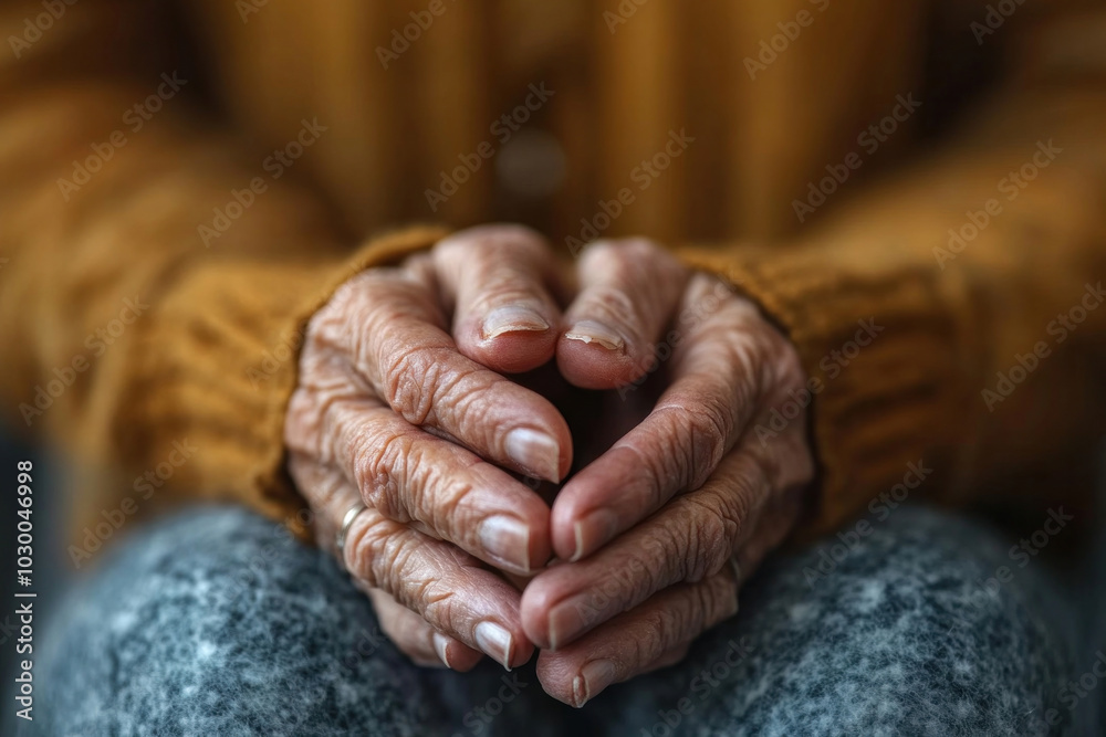 Fototapeta premium A poignant close-up of clasped elderly hands, trembling slightly, as the patient waits anxiously for medical results