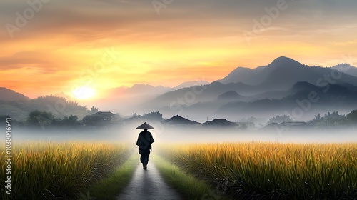 A lone figure walking down a narrow dirt path through a remote village, their back turned to the camera, embodying isolation and the lack of family support, with soft light fading in the background. 