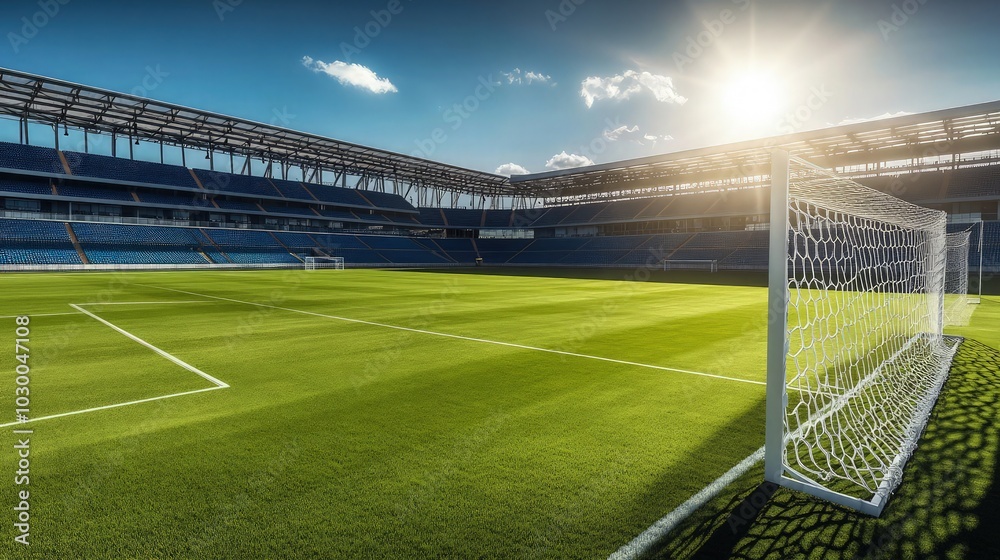 Fototapeta premium empty soccer stadium sunny day. no people and ready to game High quality .