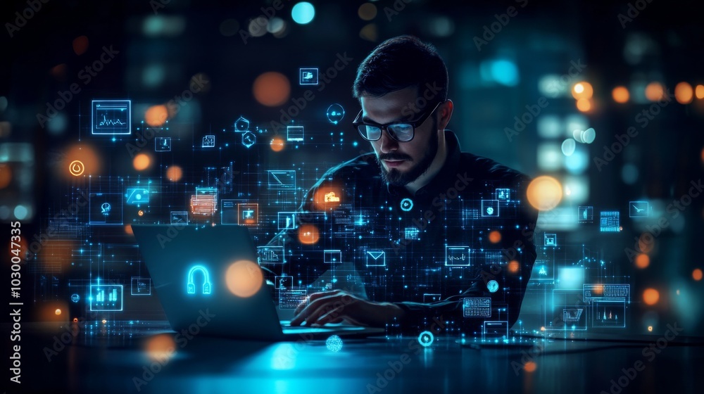 Man in black shirt with glasses working at desk with laptop, surrounded by small orange and blue lights. Technology concept. Man in black shirt with glasses working at desk with laptop, surrounded by small orange and blue lights. Technology concept.